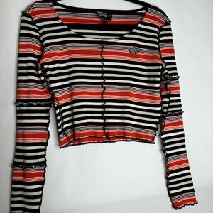 Basic Pressure Mode Red, White and Black Ruffled Crop Blouse